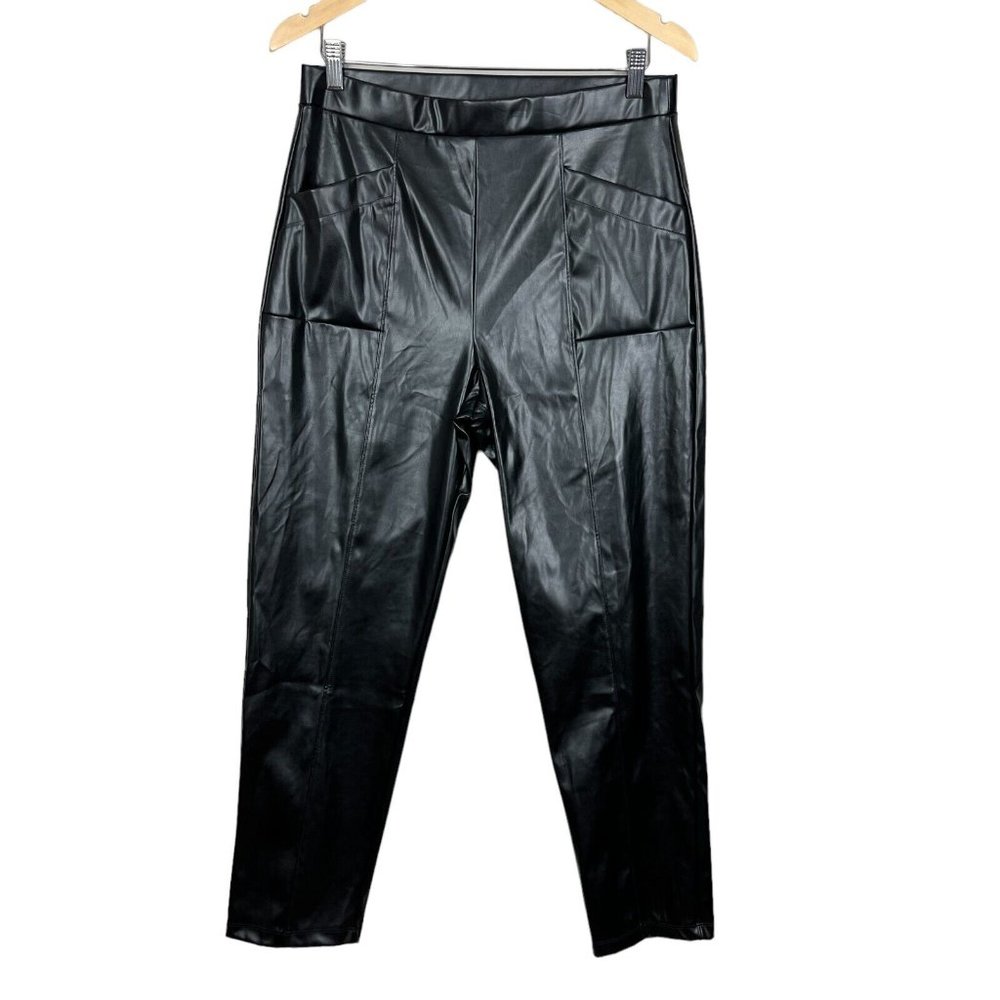 Halston Faux Leather Pants Womens Medium Black High Waist Pull On Pockets Seamed